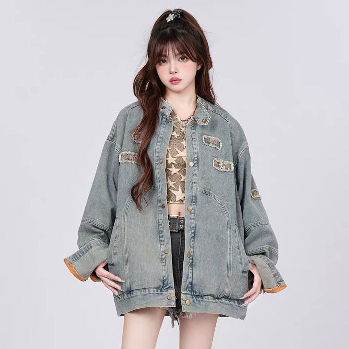 American retro patch embroidered stand collar denim jacket for women autumn and winter new loose street hot girl motorcycle jacket trendy