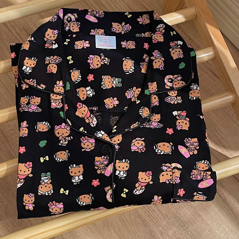 Korean version of pajamas for women spring and autumn 2023 cartoon cat home wear long-sleeved suit for women sweet and can be worn outside two-piece set