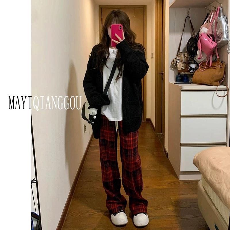 高腰闊腿褲女春秋寬鬆直筒休閒褲紅色格子褲黑色針織衫毛衣套裝