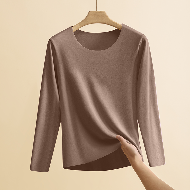 Seamless autumn clothing for women, thin velvet thickened long-sleeved T-shirt, autumn and winter German velvet thermal warm top with round neck bottoming shirt