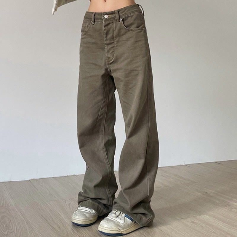 美拉德美式vibe復古水洗直筒休閒褲男女春秋簡約咖色百搭寬鬆褲子