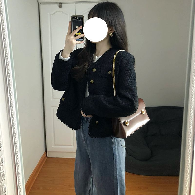 Black small fragrant jacket for women petite 2023 spring and autumn new style French high-end temperament wool short top