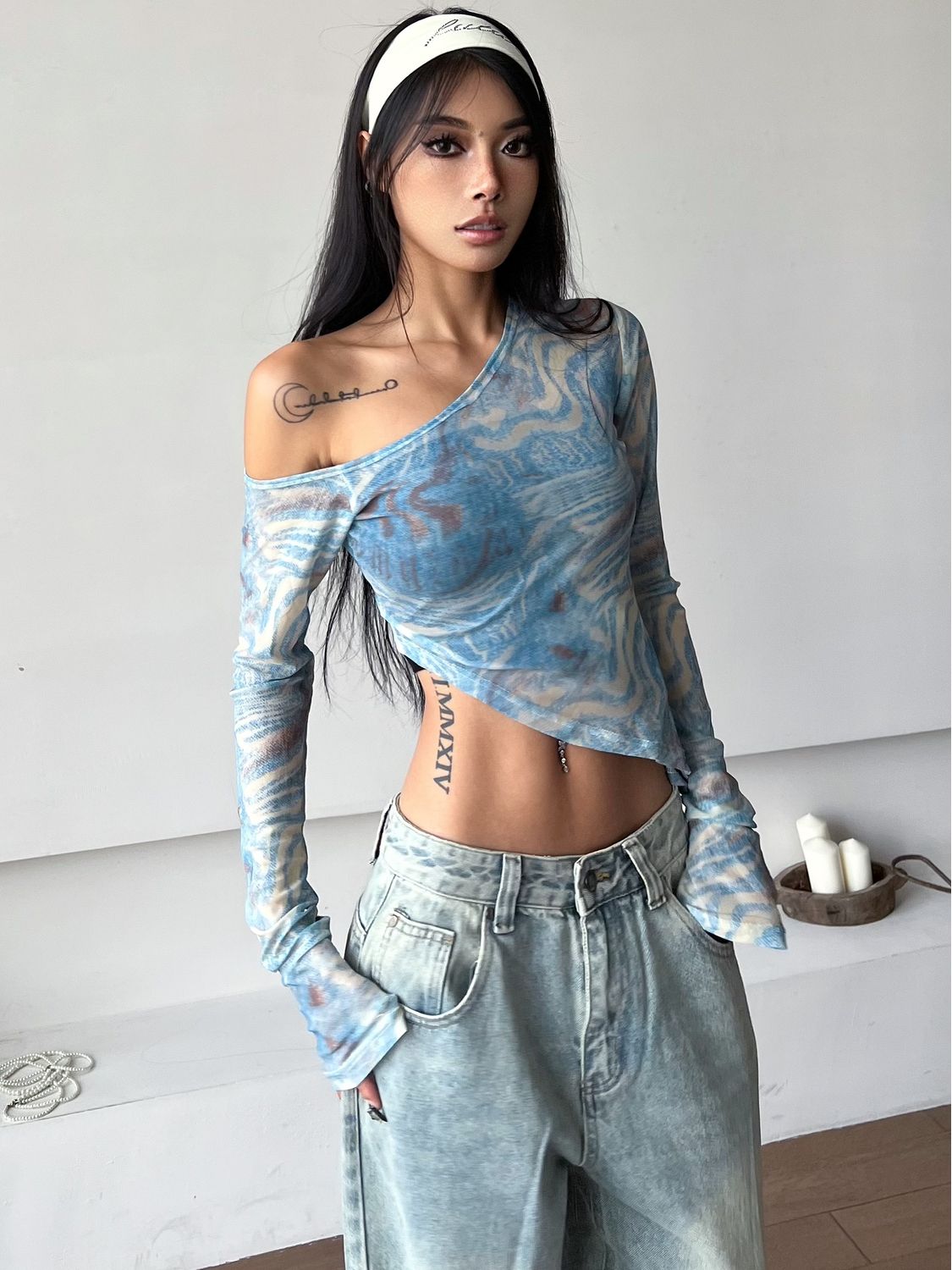 BLINGGIRLS美式復古辣妹斜肩性感顯瘦修身網紗爵士長袖上衣