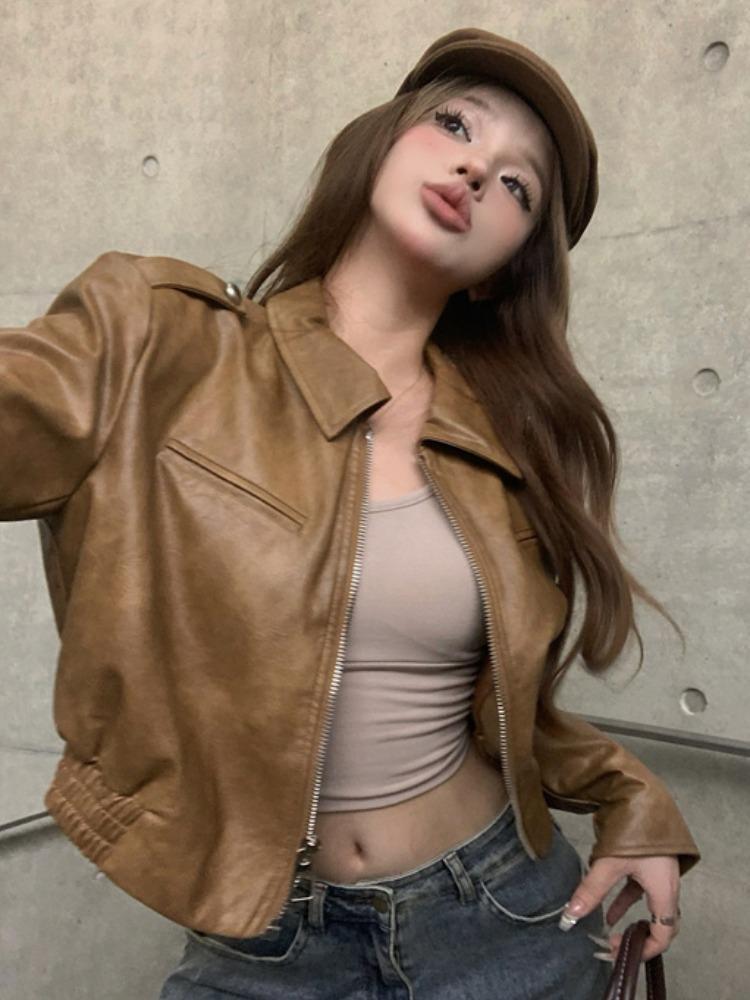 American retro motorcycle jacket top women's spring and autumn 2023 new short style brown leather jacket