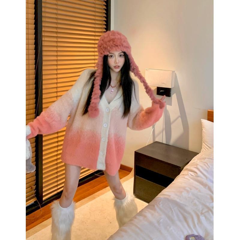 v領漸變仿貂毛V領粉色毛衣外套女秋冬新款寬鬆顯瘦單排扣針織衫