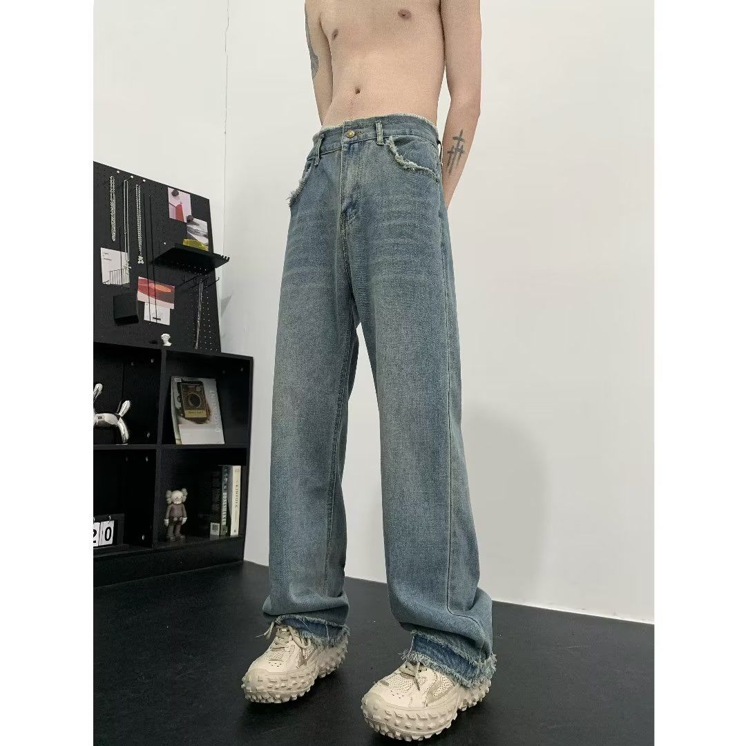 美式復古毛邊闊腿牛仔褲男春秋款設計感直筒寬鬆垂感拖地褲ins潮