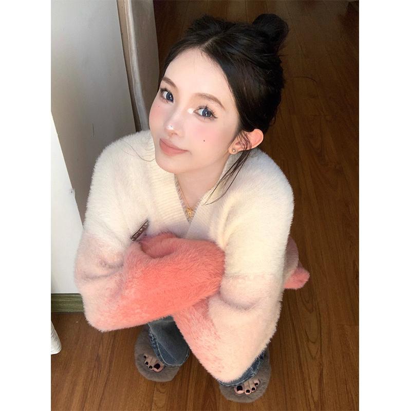 設計感慵懶粉色漸變毛衣外套女秋冬新款寬鬆甜美減齡休閒針織上衣