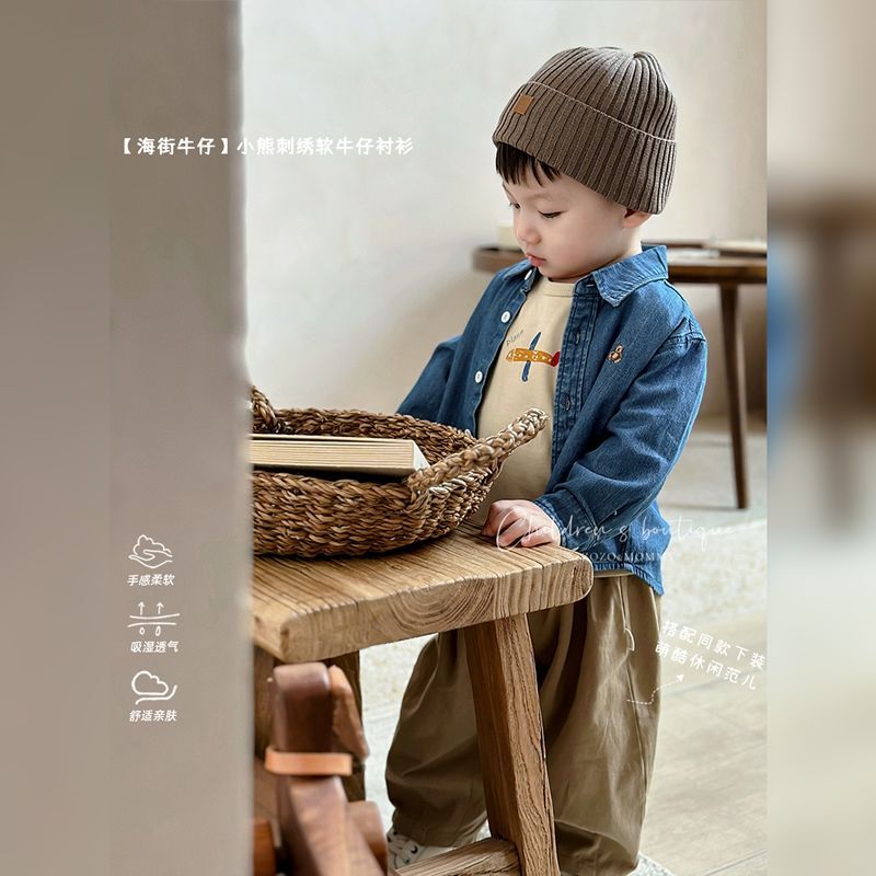 Boys and girls bear embroidered soft denim shirt spring and autumn infants and toddlers long-sleeved inner and outer tops