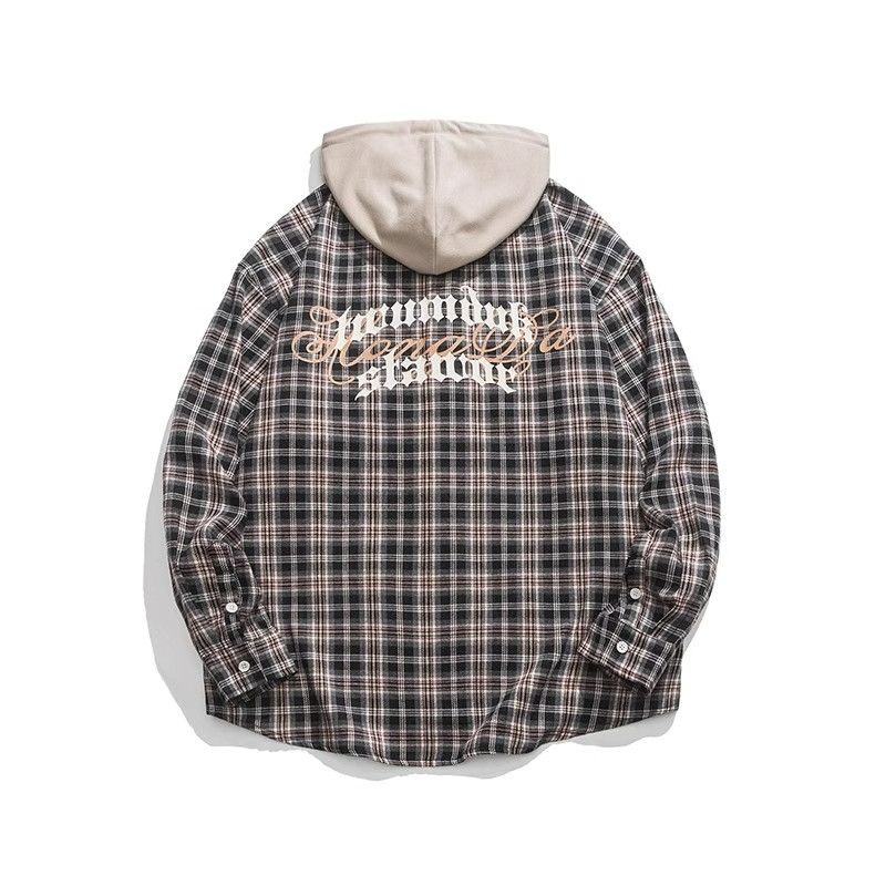 Trendy brand American vintage contrasting plaid hooded shirt men's design hiphop couple fake two-piece shirt