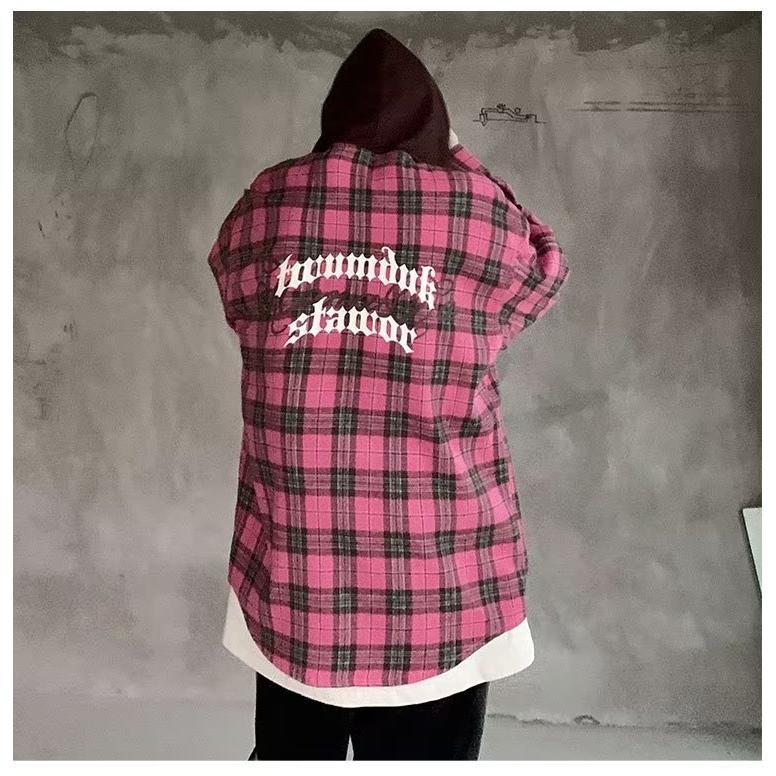 Trendy brand American vintage contrasting plaid hooded shirt men's design hiphop couple fake two-piece shirt