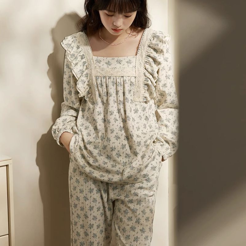 韩版睡衣女春秋2023年碎花家居服长袖套装女款甜美可外穿两件套