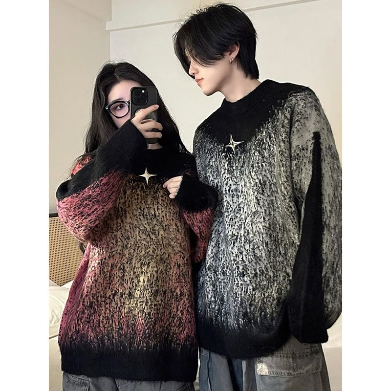 美式復古漸變套頭毛衣男女2023秋冬慵懶風寬鬆加厚針織衫情侶裝潮