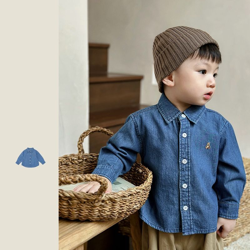 Boys and girls bear embroidered soft denim shirt spring and autumn infants and toddlers long-sleeved inner and outer tops