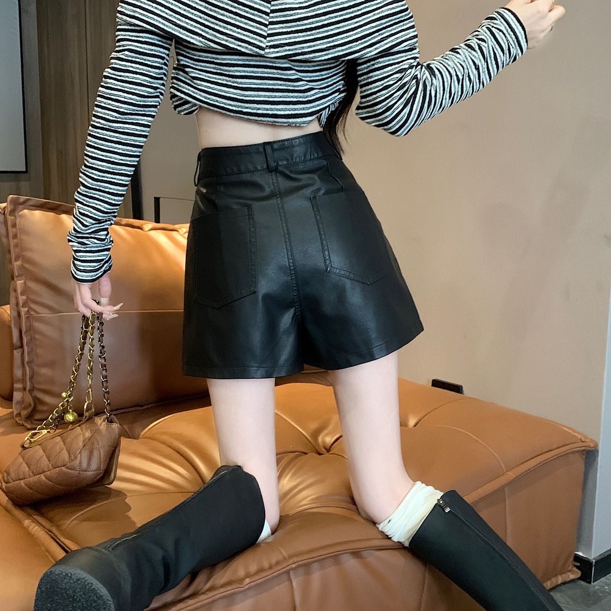 Black leather pants for women this year's new autumn and winter small high-waisted a-line pu leather shorts wide-leg outer wear leggings boot pants