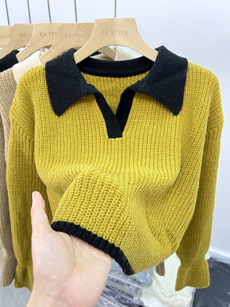 撞色Polo領厚毛衣女秋冬韓版慵懶風軟糯外穿小個子內搭打底衫上衣