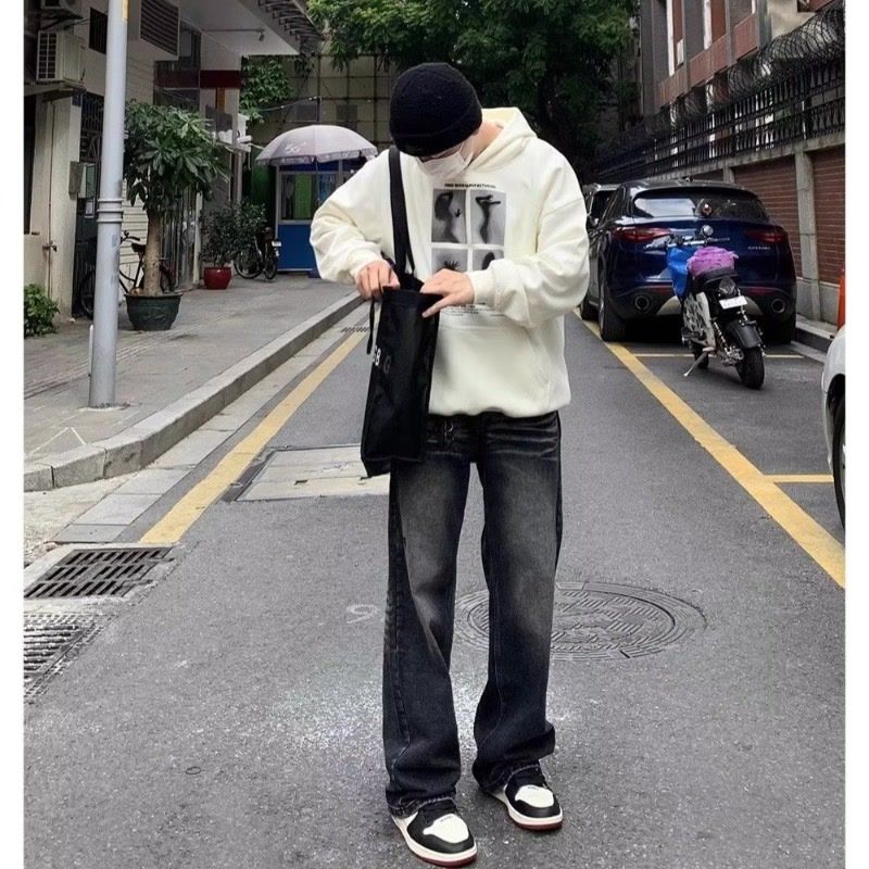 美式復古水洗做舊闊腿牛仔褲男設計感港風垂感直筒寬鬆拖地長褲潮