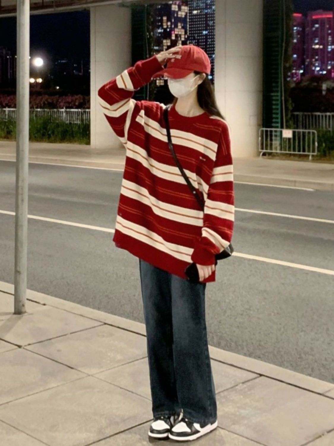 韓系穿搭紅色條紋毛衣女秋冬2023年新款慵懶風寬鬆外穿針織衫上衣