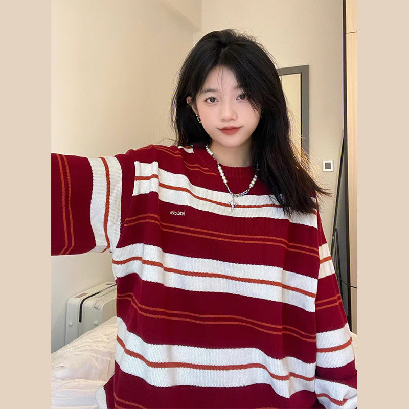 2023秋冬季新款外穿慵懶復古紅白條紋設計感加厚針織衫毛衣女寬鬆