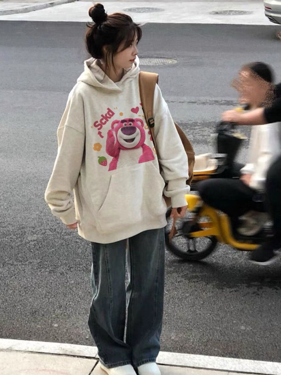 100%純棉寬鬆bf慵懶風加絨加厚衛衣女秋冬季2023新款草莓熊外套潮