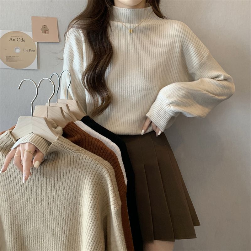 半高領泡泡袖針織衫女裝秋冬2023年新款設計感小眾打底衫別致上衣