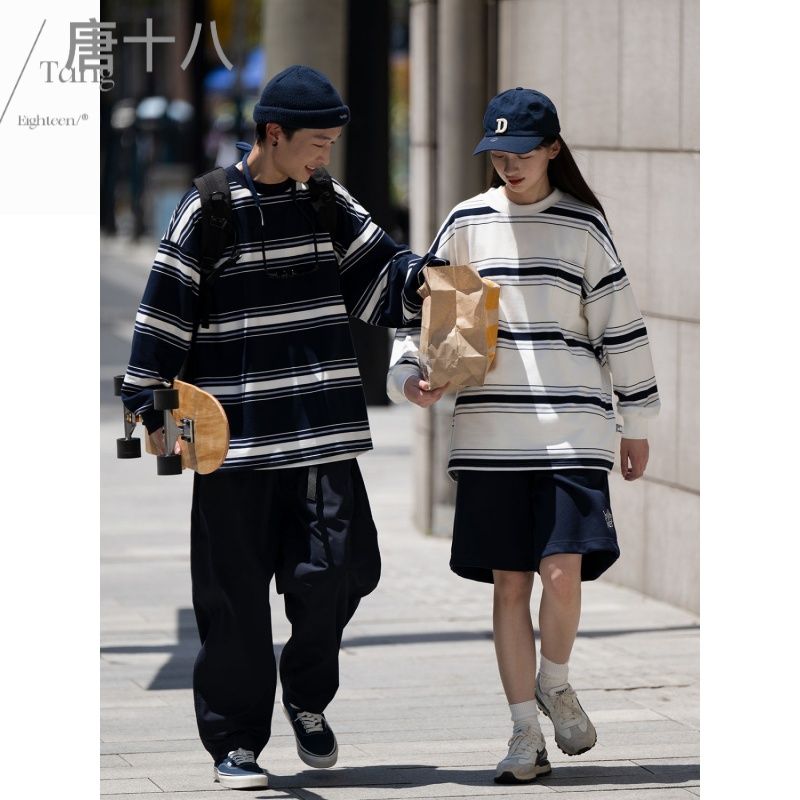 唐十八 復古日系藏青休閒條紋長袖T恤男女流行寬鬆廓形情侶衫