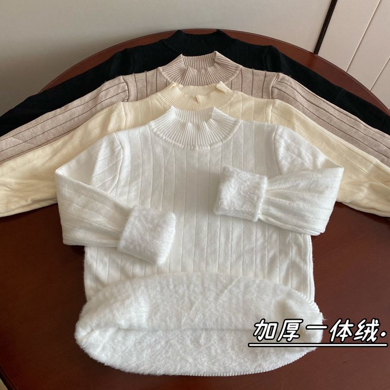 加絨加厚毛衣女上衣秋冬裝20223新款保暖半高領一體絨打底針織衫