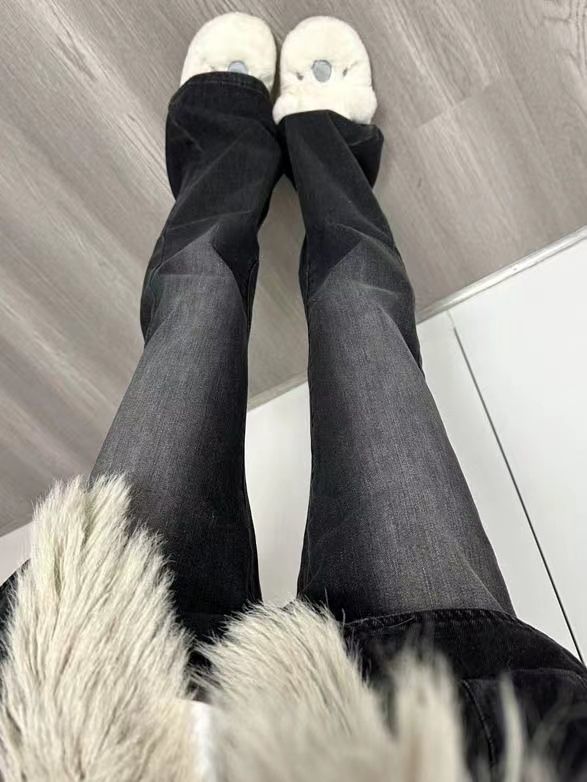 黑灰做舊微喇牛仔褲女美式高腰秋季修身彈力顯瘦顯高拖地喇叭長褲