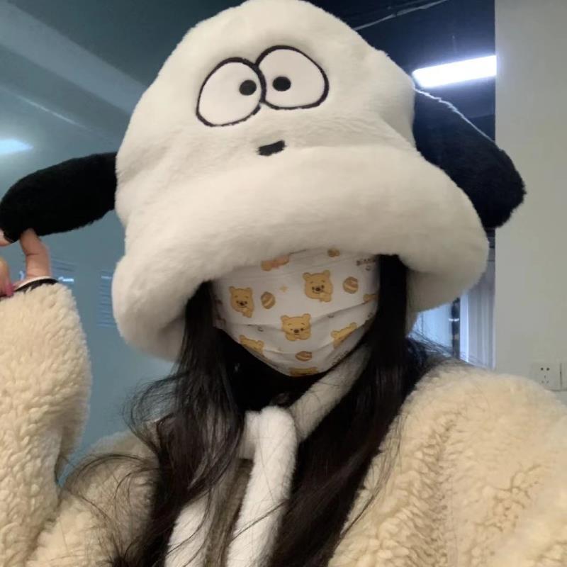 Cute and playful puppy plush hat for girls to show face in winter, keep warm while riding bicycles and protect ears, give a Lei Feng hat to best friend