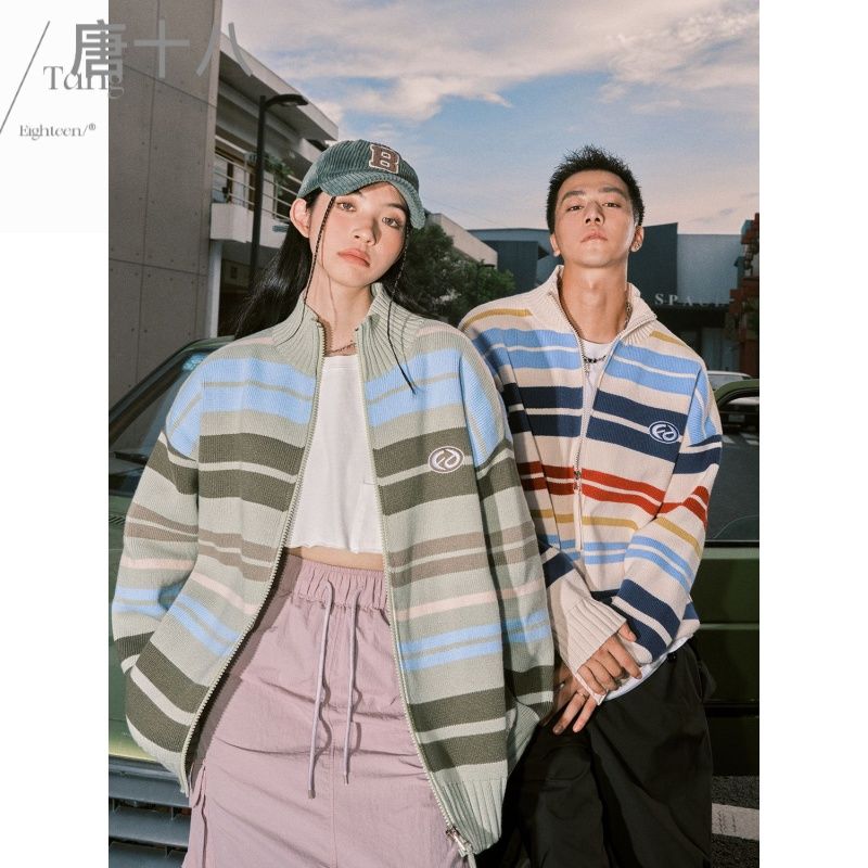 美式復古條紋立領開衫毛衣男女潮牌寬鬆休閒慵懶撞色情侶針織外套