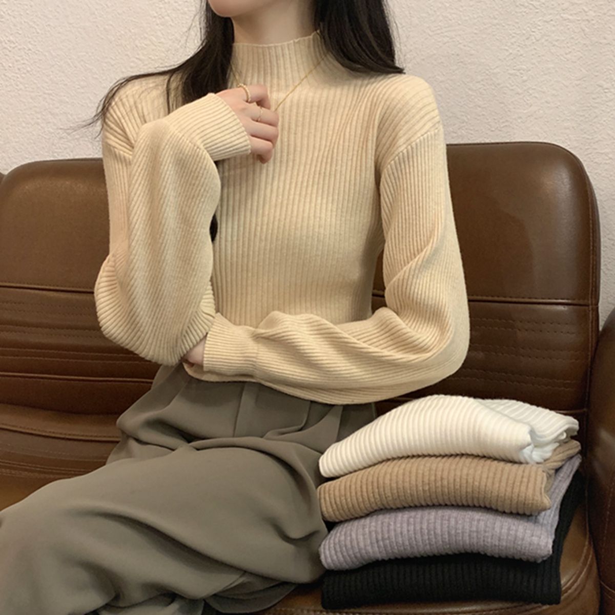 半高領針織打底衫女秋冬洋氣內搭別致上衣法式溫柔風顯瘦長袖毛衣
