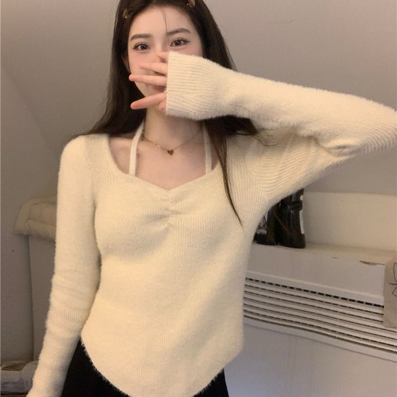 孤形下擺軟糯毛絨掛脖針織打底衫女2023秋冬新款獨特别致絕美上衣