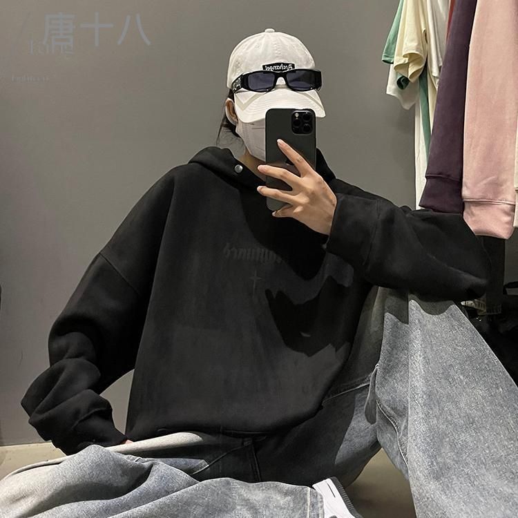 重磅350克衣服潮牌美式多巴胺衛衣男女情侶款連帽麂皮絨秋冬上衣