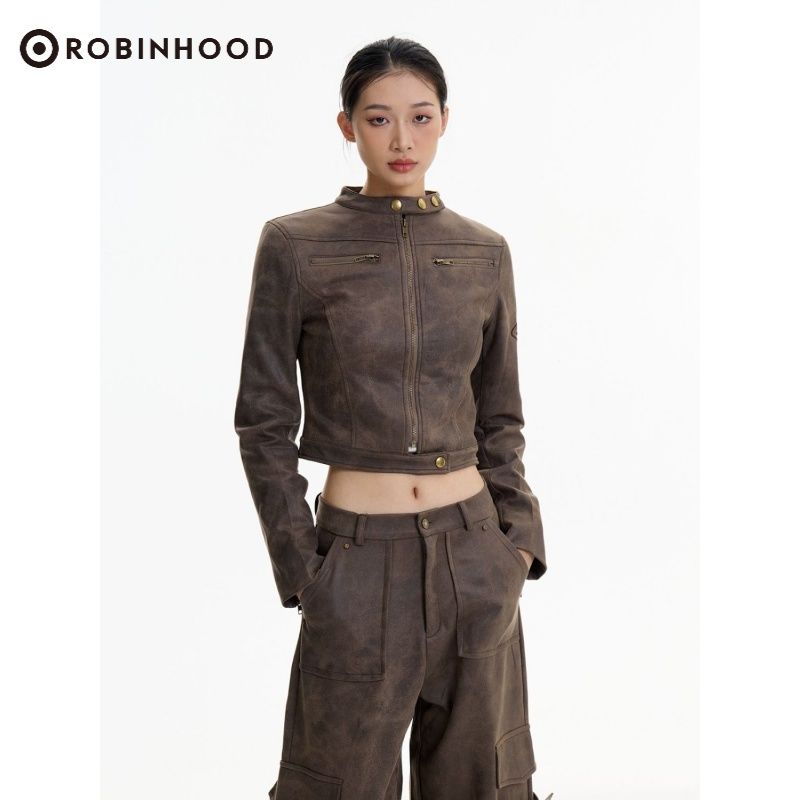 ROBINHOOD新款春秋美式復古機車拉鏈短外套女美拉德小眾皮夾克