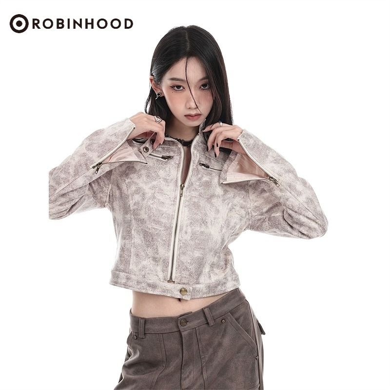 ROBINHOOD朋克復古美式小眾設計感棕色皮夾克女機車拉鏈修身外套