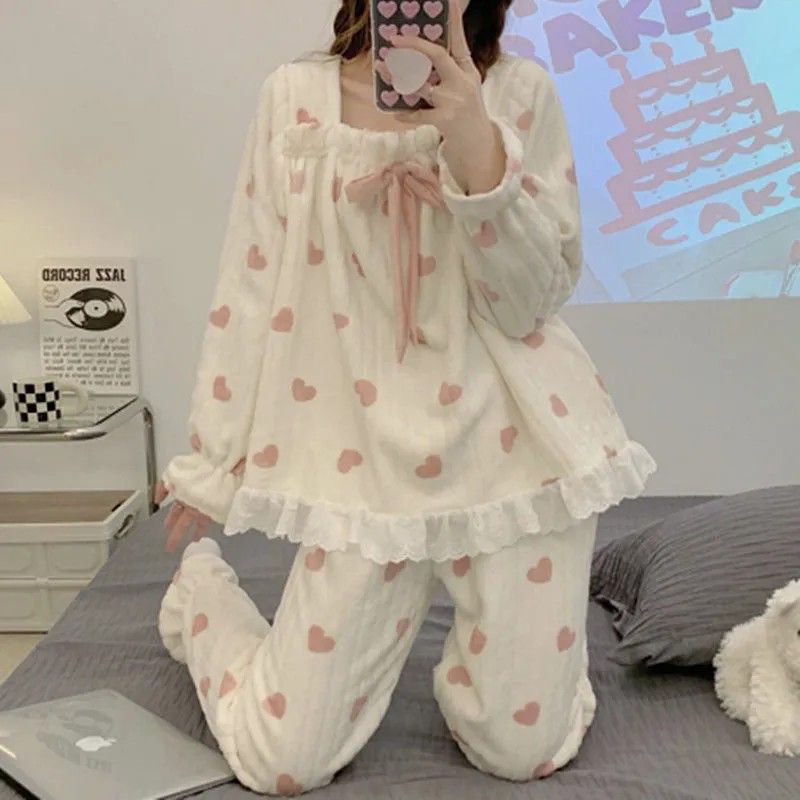 睡衣女秋冬長袖珊瑚絨冬季寬鬆加厚加絨保暖可愛法蘭絨套裝家居服