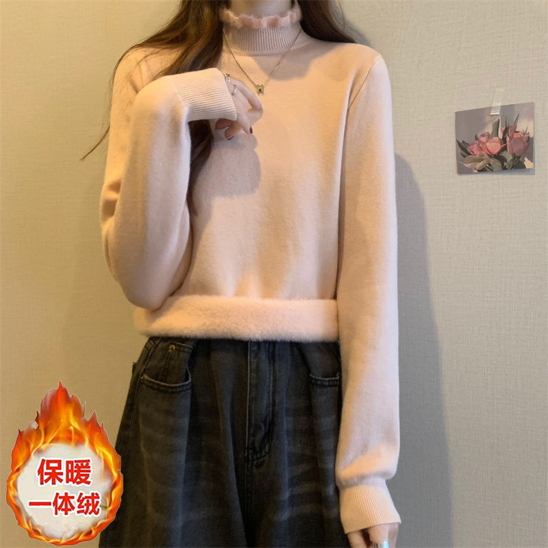 半高領打底衫毛衣女秋冬季洋派修身內搭針織衫加絨加厚木耳邊上衣
