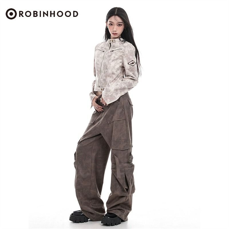 ROBINHOOD朋克复古美式小众设计感棕色皮夹克女机车拉链修身外套