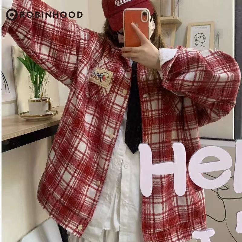 ROBINHOOD美式潮牌男女款春秋款格子刺繡長袖小眾夾克潮流外套男