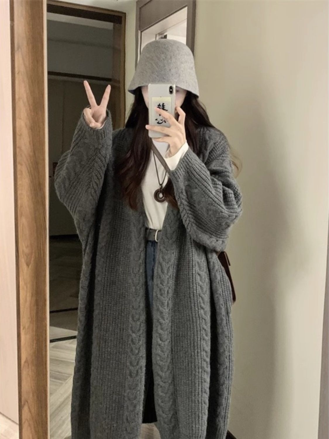 灰色麻花針織衫開衫女秋季新款慵懶風寬鬆顯瘦中長款軟糯毛衣外套