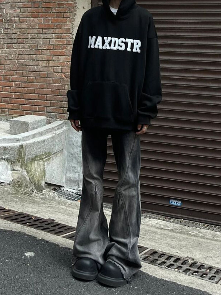 American retro design raw edge gradient micro-flared jeans for men autumn high street slim wide leg flared pants trendy