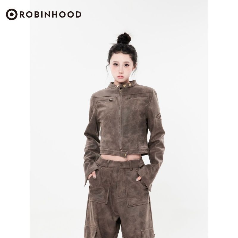 ROBINHOOD American retro high-end motorcycle jacket tops short jackets for women popular stand-up collar versatile