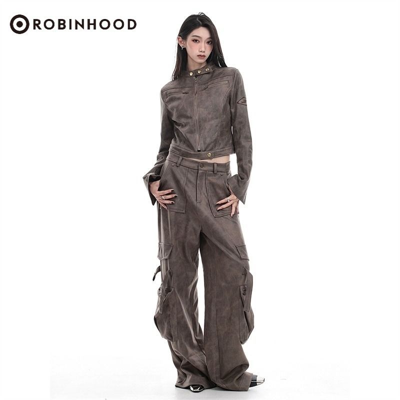 ROBINHOOD朋克复古美式小众设计感棕色皮夹克女机车拉链修身外套