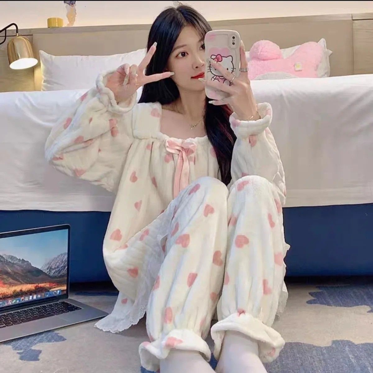 睡衣女秋冬長袖珊瑚絨冬季寬鬆加厚加絨保暖可愛法蘭絨套裝家居服