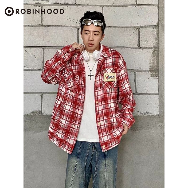 ROBINHOOD American high street spliced ​​red plaid long-sleeved jacket for men and women with design sense niche outerwear trend