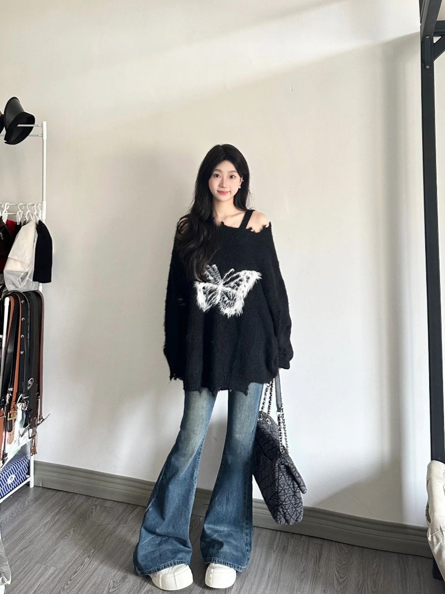 2023新款毛絨蝴蝶結慵懶風軟糯毛衣女寬鬆秋冬設計感破洞針織上衣