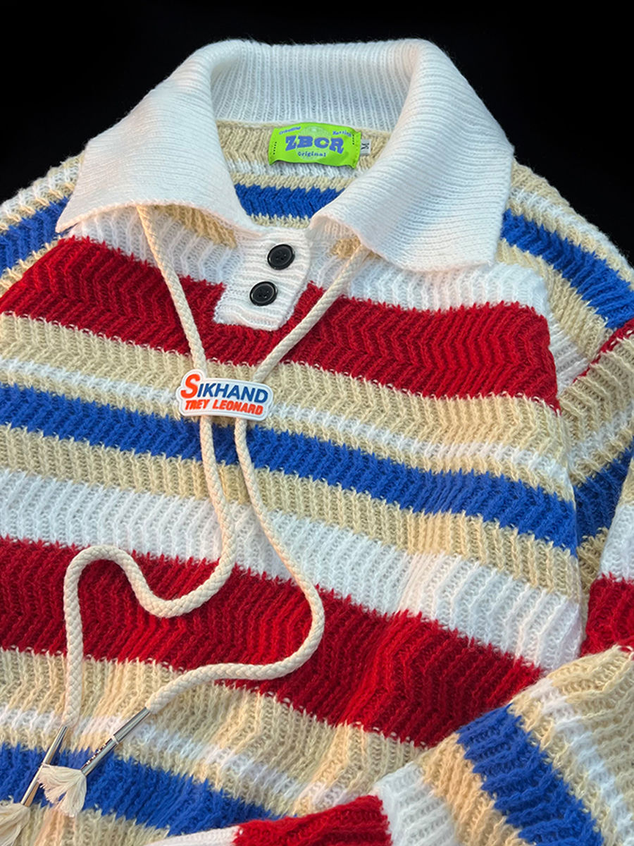 CURPOPP Rainbow Striped POLO Collar Sweater Women's College Style Casual Loose Oversize Couple Sweater