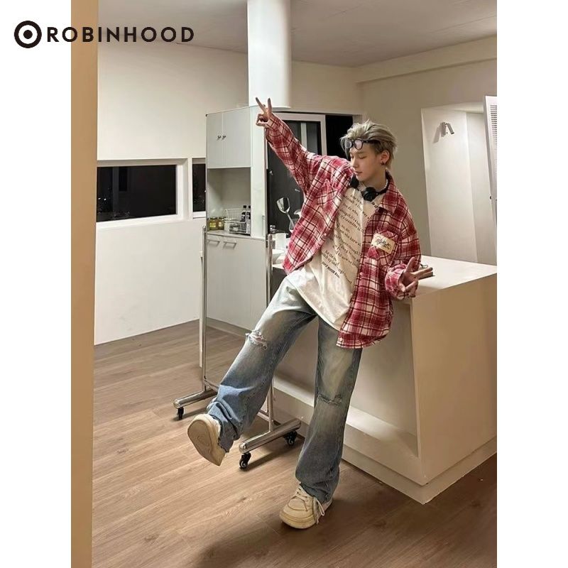 ROBINHOOD美式复古酒红色格子夹克男春秋季高级感潮流hiphop外套
