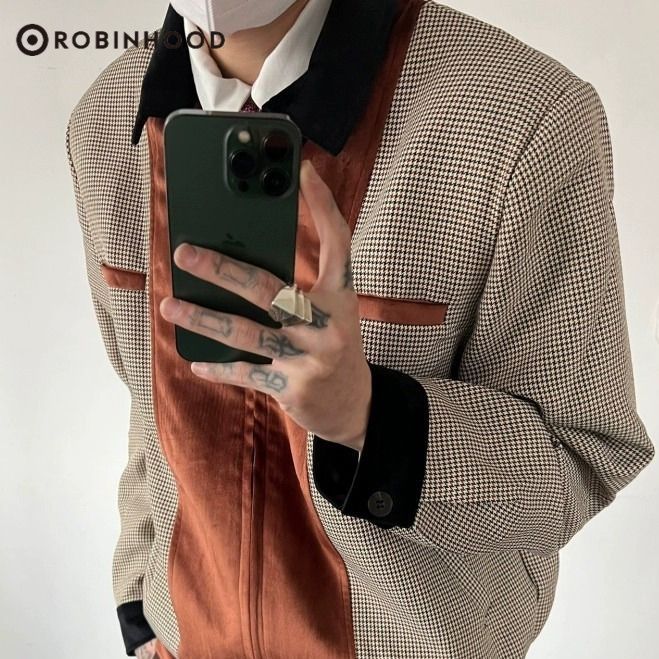 ROBINHOOD春秋季拼色千鳥格大墊肩工裝休閒時尚外穿夾克中性風