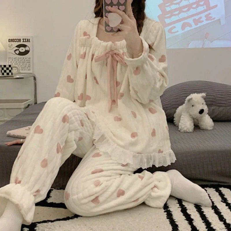 睡衣女秋冬長袖珊瑚絨冬季寬鬆加厚加絨保暖可愛法蘭絨套裝家居服