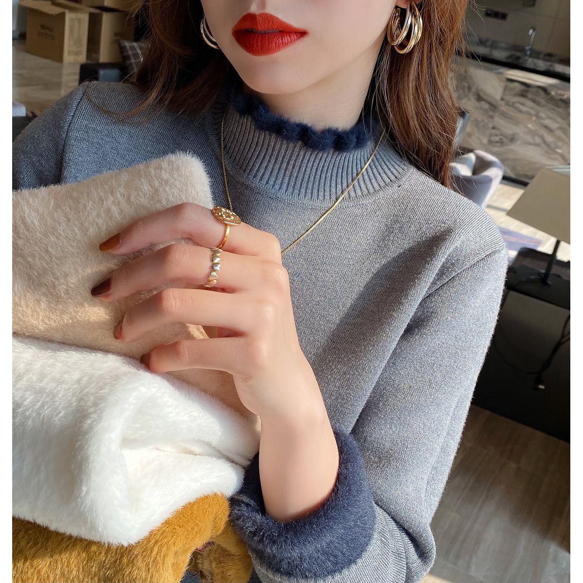 毛衣女2023年新款洋派秋冬加絨加厚一體保暖半高領內搭針織打底衫